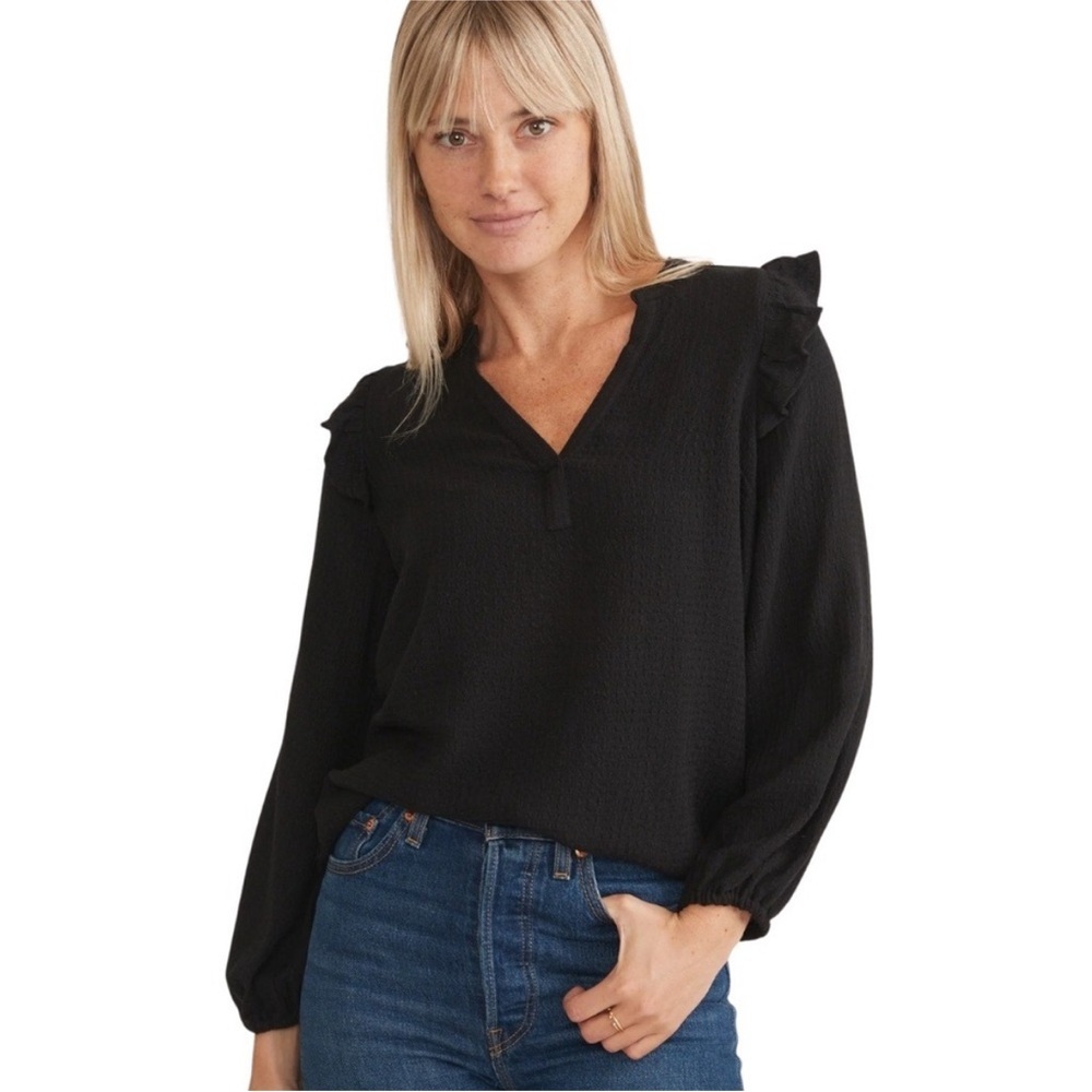 Marine Layer Waffle Black Ruffle Long Sleeve Blouse sz XS